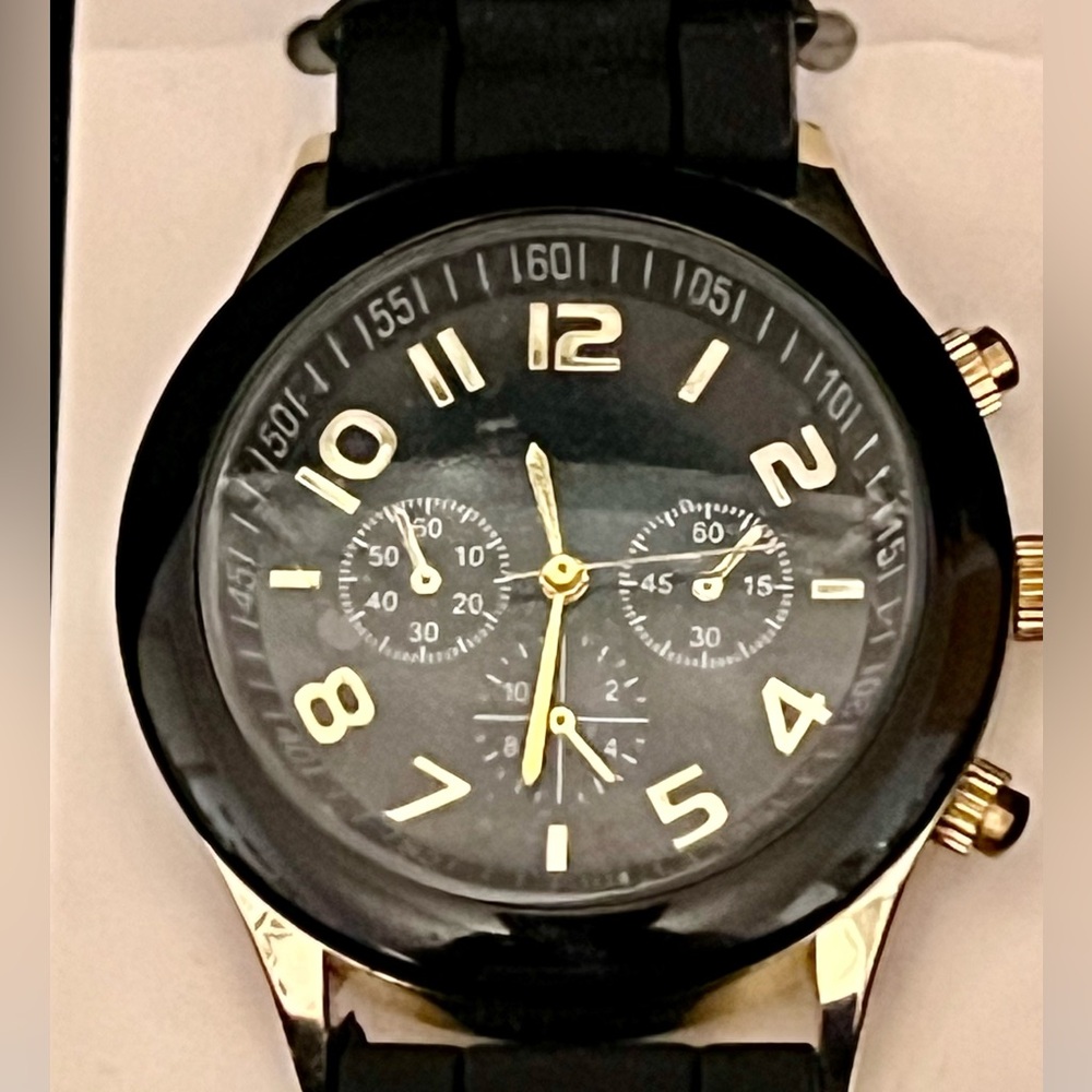 Darice Men's Black & Gold Chronograph Style Watch | Tactical Silicone Sport Band